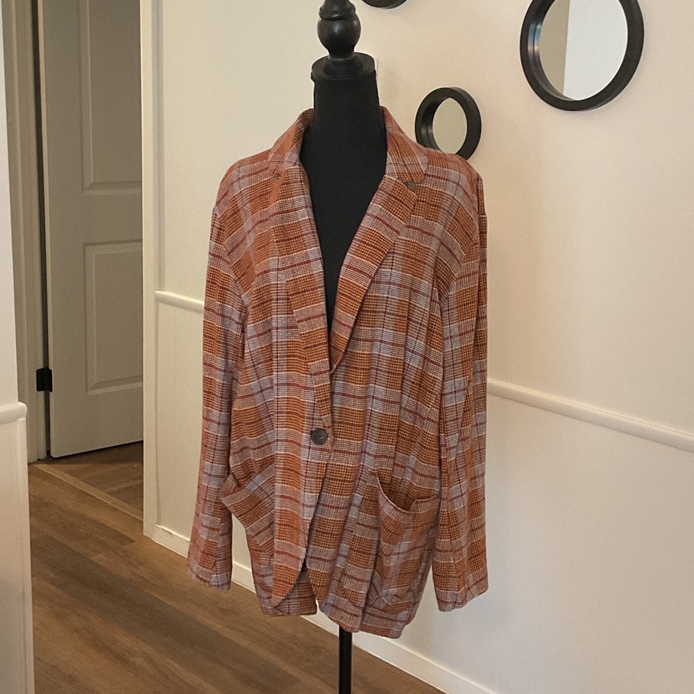 Free People Plaid Blazer - Orange and White